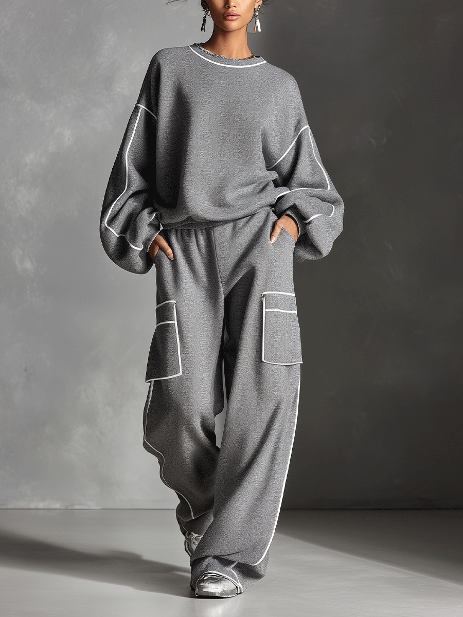Clara™ | Conjunto de Loungewear de Punto Gris con Detalles en Contraste