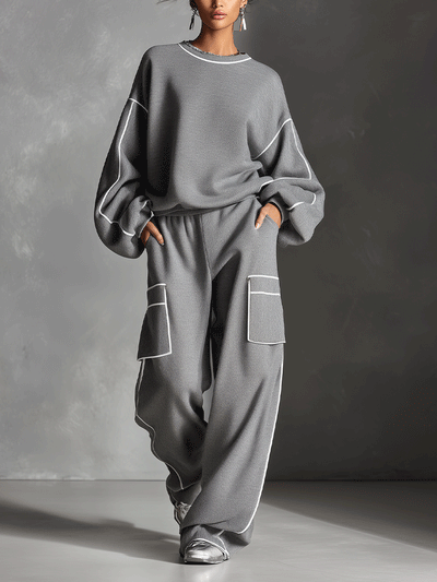 Clara™ | Conjunto de Loungewear de Punto Gris con Detalles en Contraste